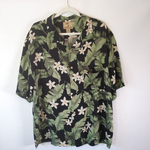Jamaica Jaxx Silk Hawaiian Shirt Mens XL Black Palm Floral Tropical Resort Beach - Picture 2 of 12